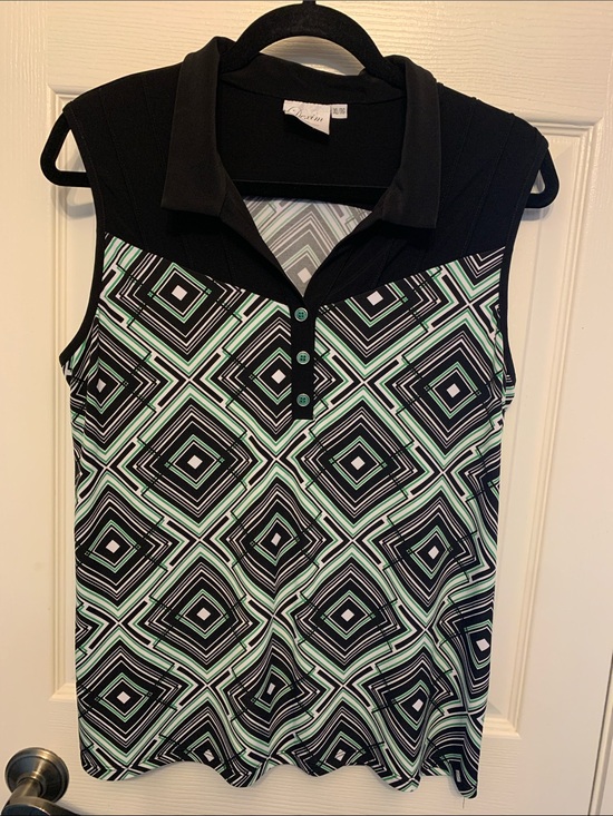 Dexim Golfwear Tops - Dexim Golfwear Geometric Print Sleeveless Golf Shirt by — Green & Black